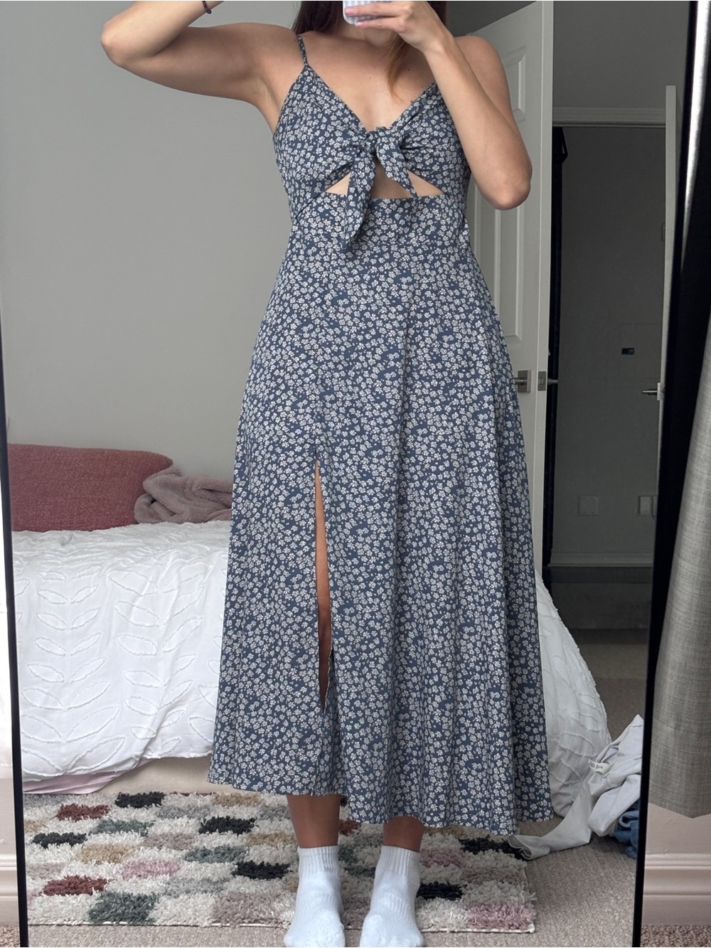 Navy Floral Tie-Front Midi Dress with Side Slit